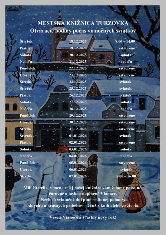 Otváracie hodiny v knižnici - Vianoce 2025 Otváracie hodiny v knižnici - Vianoce 2025
