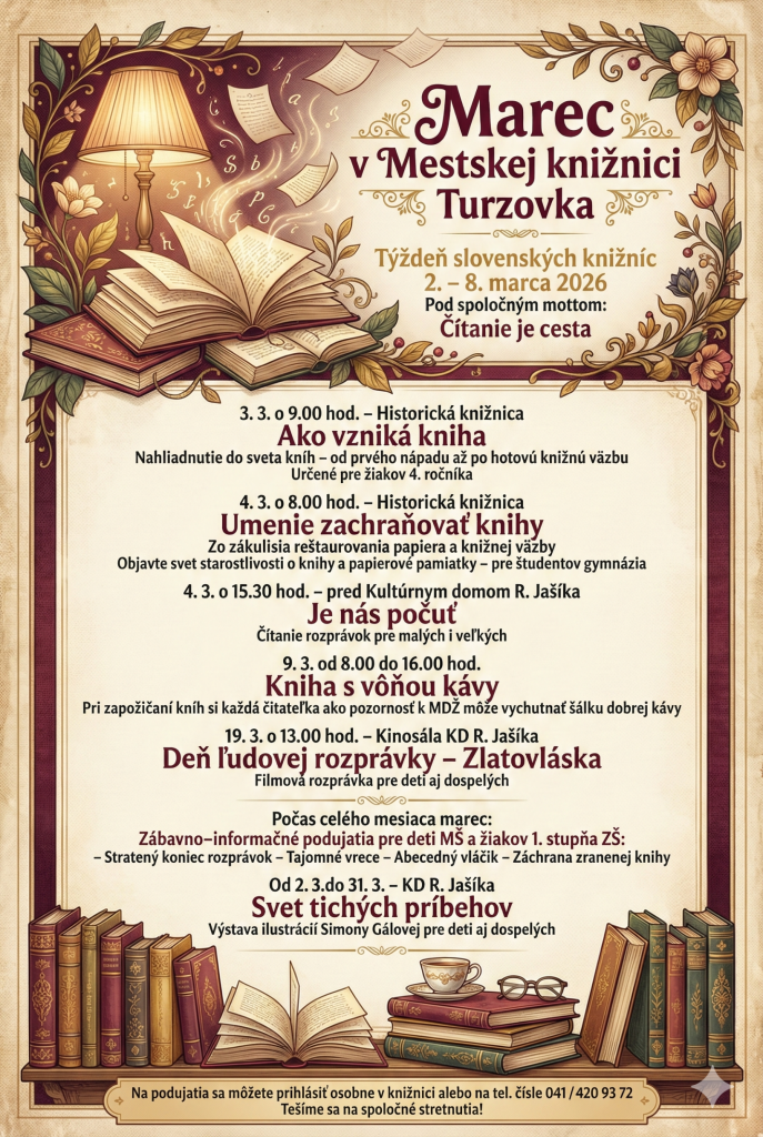 Plagát na&nbsp;podujatie Marec v&nbsp;Mestskej knižnici Turzovka